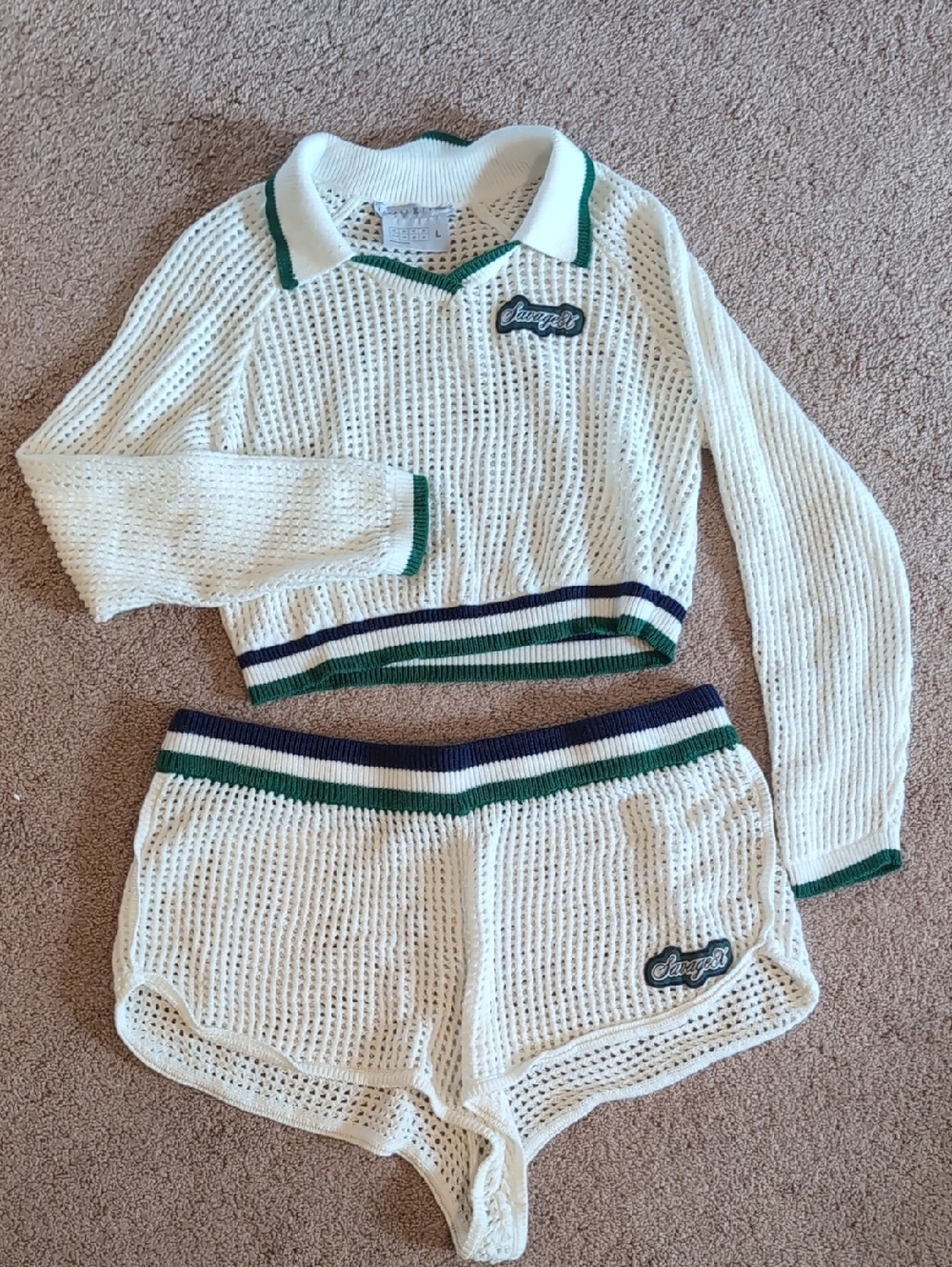 Savage X Fenty Cream Knit Cropped Polo Top & Shorts Set with Green and Navy Trim